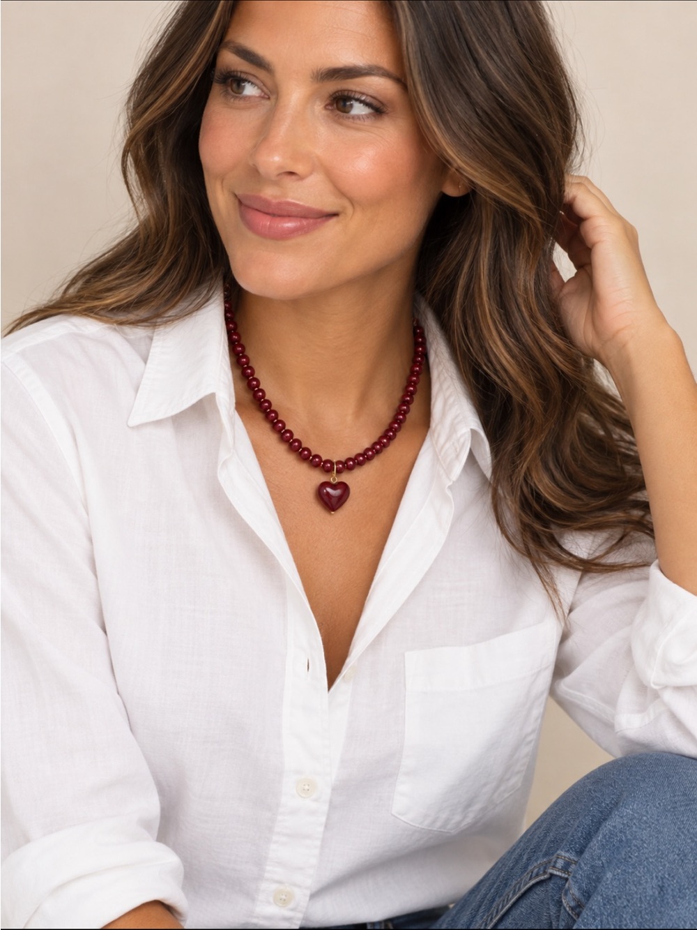 New! Cranberry Red Wine Beaded Heart Pendant Necklace NWOT